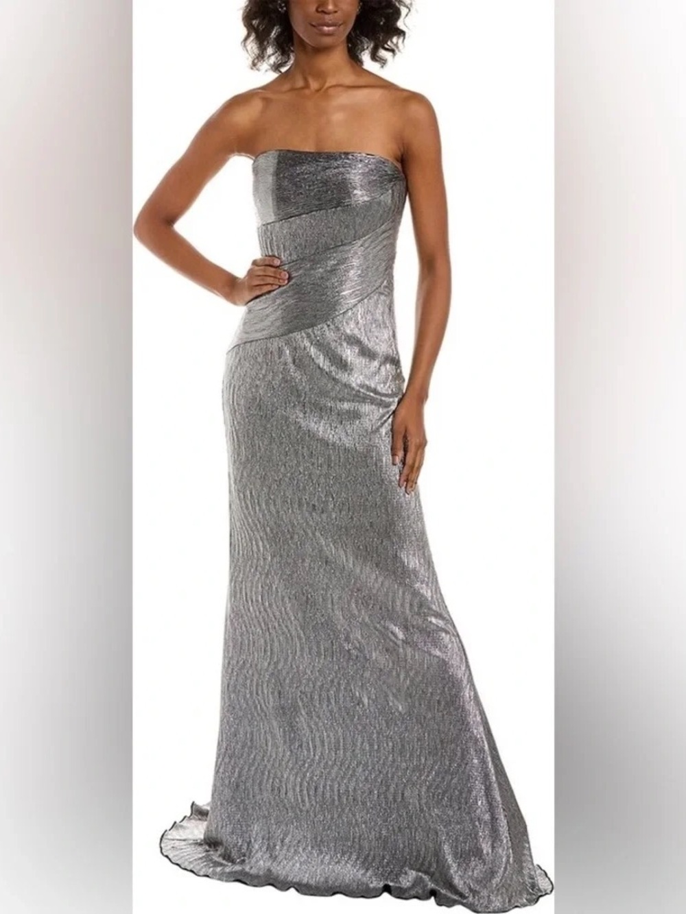 Rene Ruiz Silver Strapless Maxi Gown